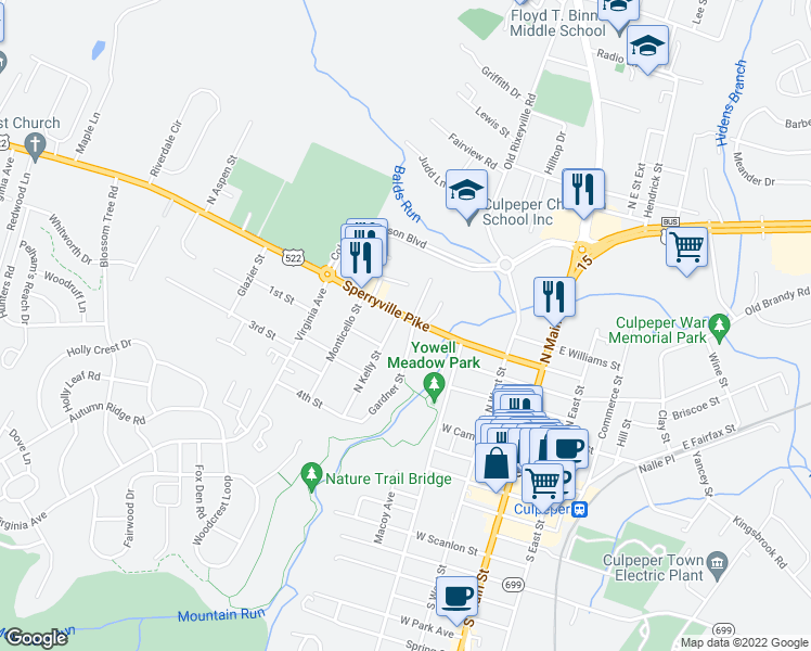 map of restaurants, bars, coffee shops, grocery stores, and more near 405 Sperryville Pike in Culpeper