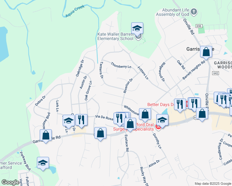 map of restaurants, bars, coffee shops, grocery stores, and more near 8 Joseph Court in Stafford