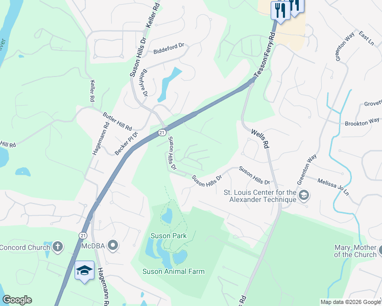 map of restaurants, bars, coffee shops, grocery stores, and more near 5898 Cedar Hill Drive in St. Louis