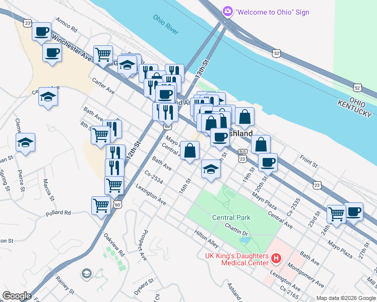 map of restaurants, bars, coffee shops, grocery stores, and more near 1498 Mayo Plaza in Ashland