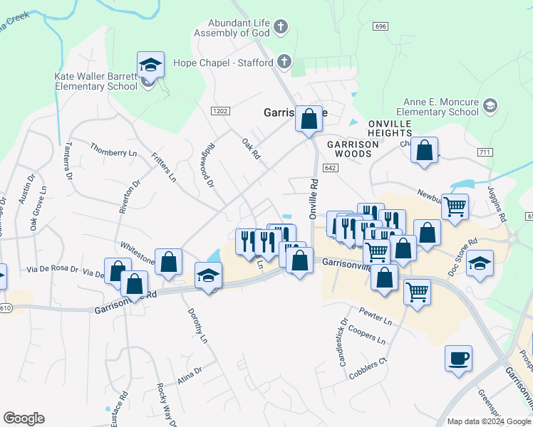 map of restaurants, bars, coffee shops, grocery stores, and more near 202 Chesterfield Lane in Stafford