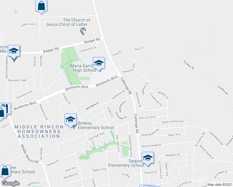 map of restaurants, bars, coffee shops, grocery stores, and more near 5109 Parkhurst Drive in Santa Rosa