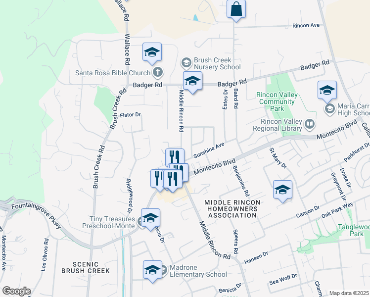 map of restaurants, bars, coffee shops, grocery stores, and more near 892 Middle Rincon Road in Santa Rosa