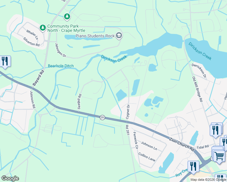 map of restaurants, bars, coffee shops, grocery stores, and more near 35781 Egret Road in Selbyville
