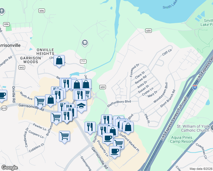 map of restaurants, bars, coffee shops, grocery stores, and more near 110 Doc Stone Road in Stafford