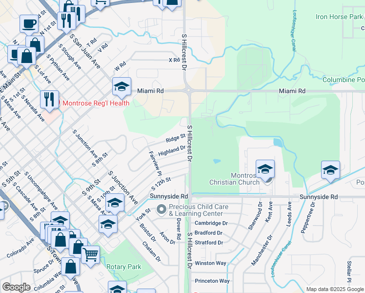 map of restaurants, bars, coffee shops, grocery stores, and more near 1139 Highland Drive in Montrose