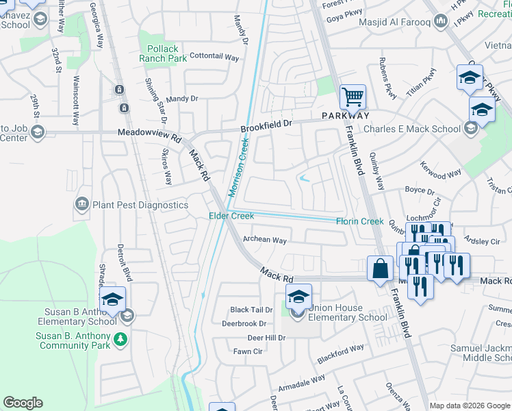 map of restaurants, bars, coffee shops, grocery stores, and more near 161 Creekside Circle in Sacramento