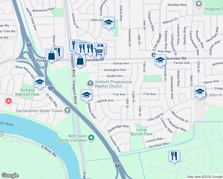map of restaurants, bars, coffee shops, grocery stores, and more near 1572 Neihart Avenue in Sacramento