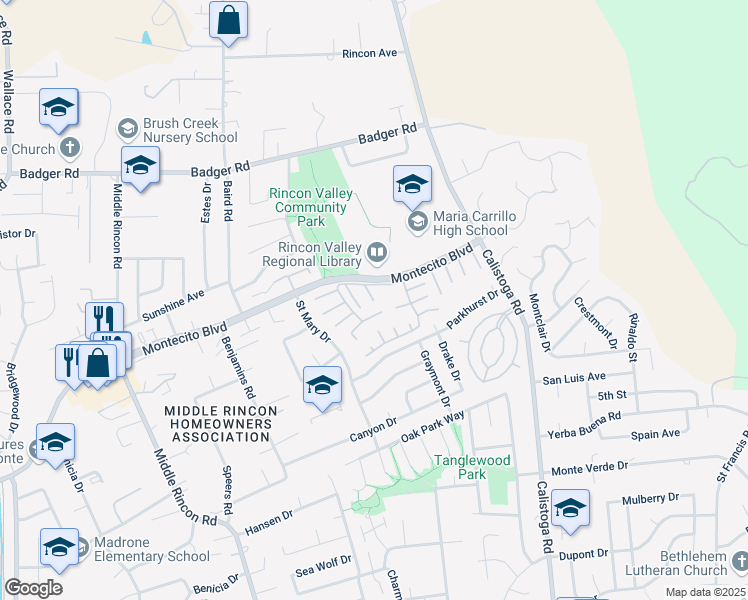 map of restaurants, bars, coffee shops, grocery stores, and more near 87 Greenrock Court in Santa Rosa
