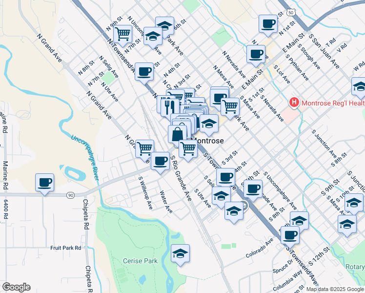 map of restaurants, bars, coffee shops, grocery stores, and more near 246 West Main Street in Montrose