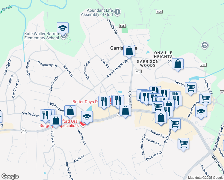 map of restaurants, bars, coffee shops, grocery stores, and more near 202 Chesterfield Lane in Stafford