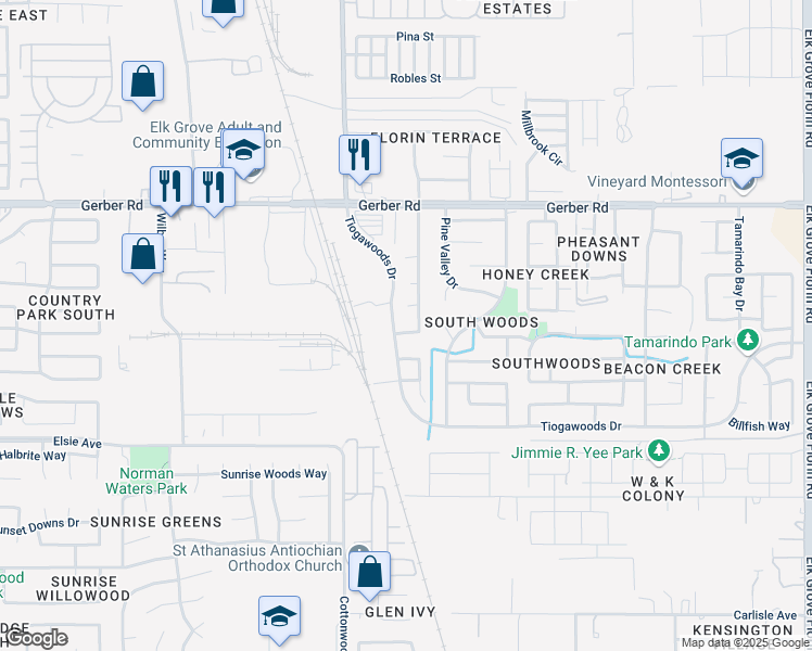 map of restaurants, bars, coffee shops, grocery stores, and more near 7708 Lakewood Park Drive in Sacramento