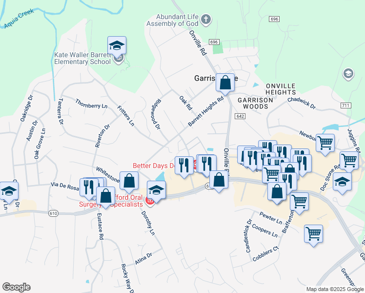 map of restaurants, bars, coffee shops, grocery stores, and more near 105 Powhatan Court in Stafford