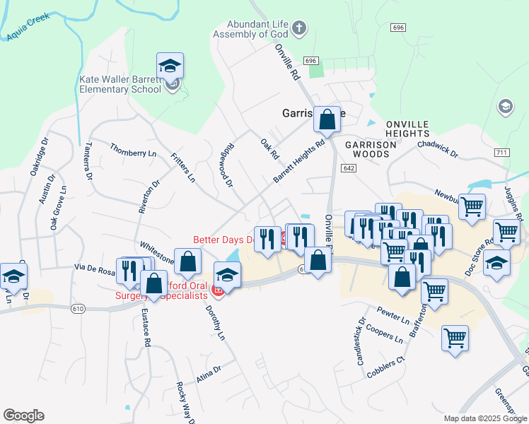 map of restaurants, bars, coffee shops, grocery stores, and more near 105 Powhatan Court in Stafford
