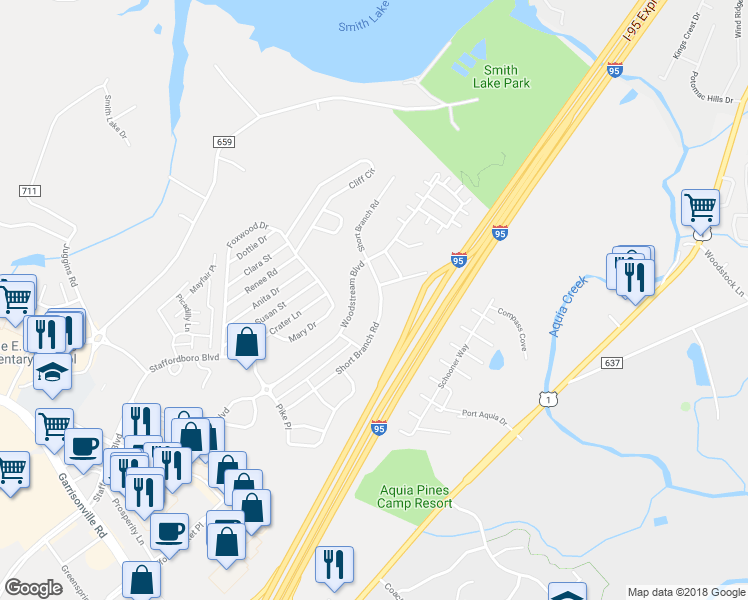 map of restaurants, bars, coffee shops, grocery stores, and more near 137 Short Branch Road in Stafford