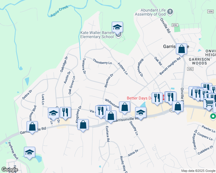 map of restaurants, bars, coffee shops, grocery stores, and more near 80 Tanterra Drive in Stafford