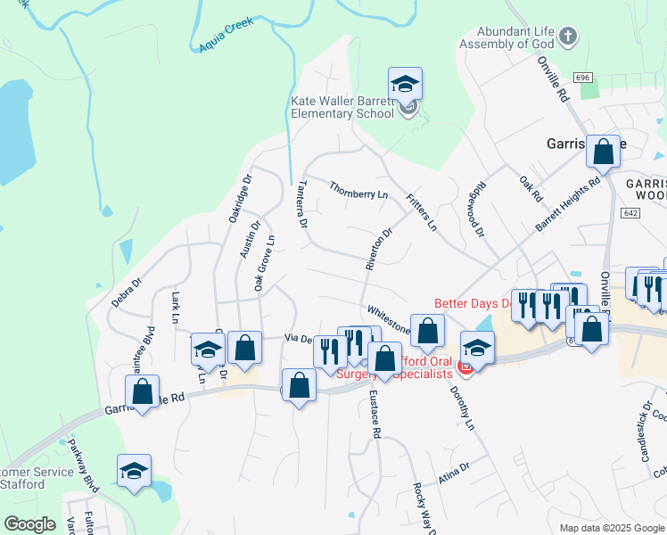 map of restaurants, bars, coffee shops, grocery stores, and more near 12 Joseph Court in Stafford