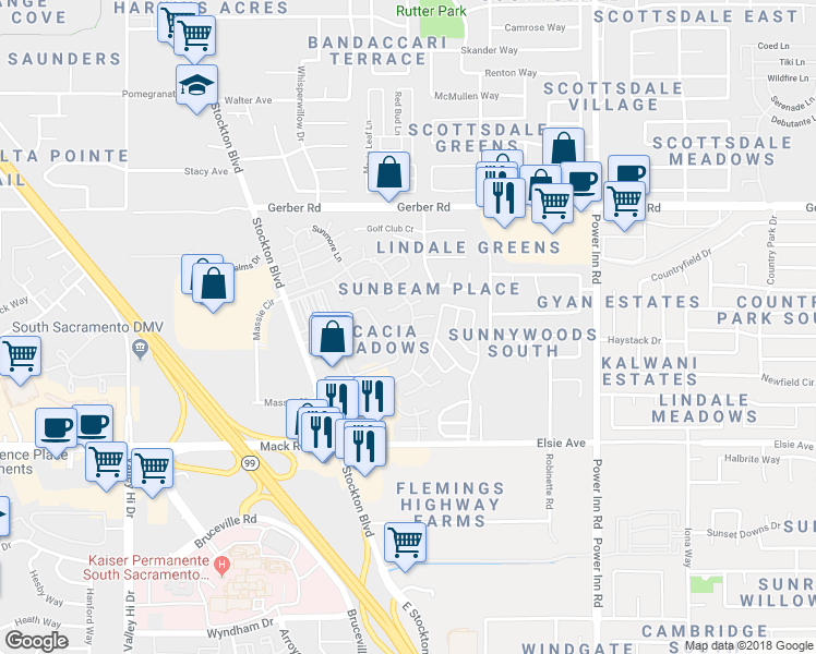 map of restaurants, bars, coffee shops, grocery stores, and more near 7324 Sunseason Lane in Sacramento