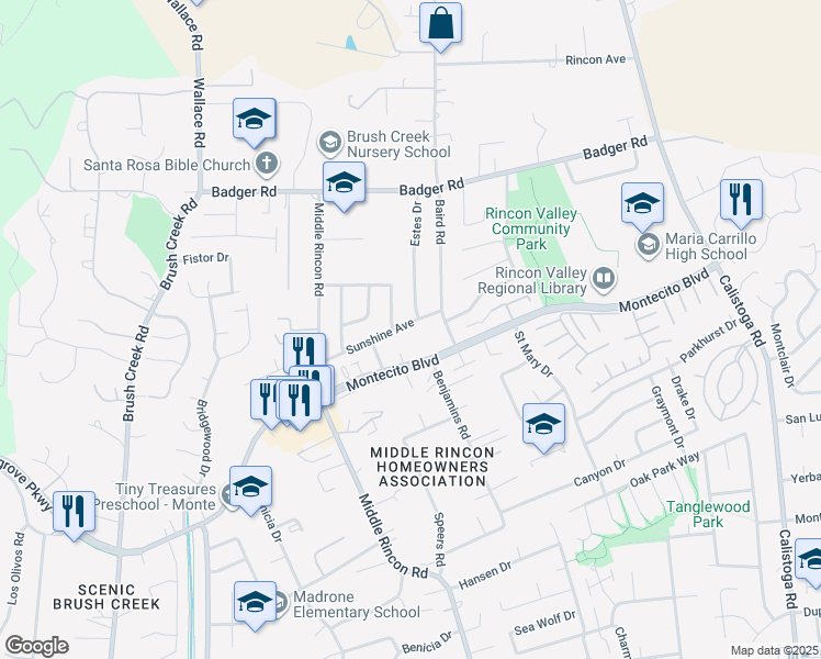 map of restaurants, bars, coffee shops, grocery stores, and more near 4938 Sunshine Avenue in Santa Rosa