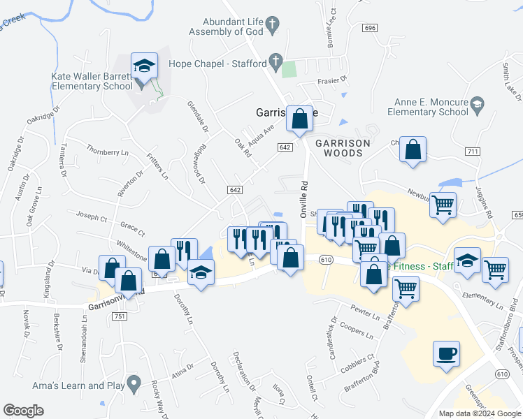 map of restaurants, bars, coffee shops, grocery stores, and more near 202 Chesterfield Lane in Stafford