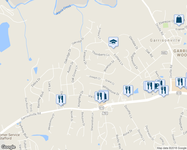 map of restaurants, bars, coffee shops, grocery stores, and more near 12 Joseph Court in Stafford