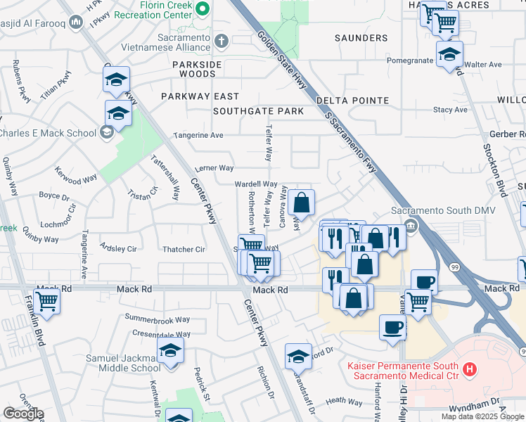 map of restaurants, bars, coffee shops, grocery stores, and more near 7712 Telfer Way in Sacramento