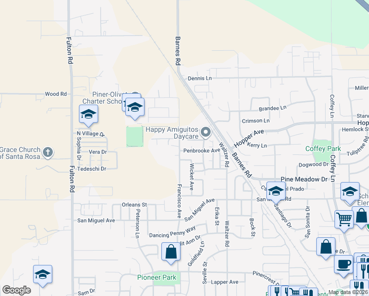 map of restaurants, bars, coffee shops, grocery stores, and more near 2447 Penbrooke Avenue in Santa Rosa
