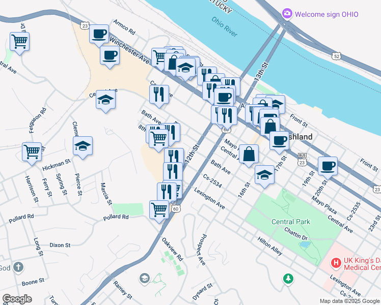 map of restaurants, bars, coffee shops, grocery stores, and more near 1124 Bath Avenue in Ashland
