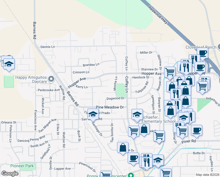 map of restaurants, bars, coffee shops, grocery stores, and more near 1606 Kerry Lane in Santa Rosa