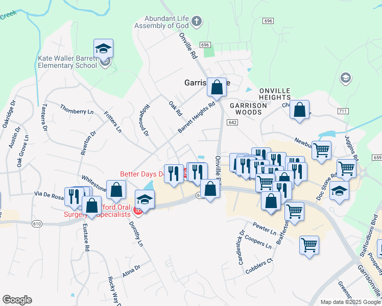 map of restaurants, bars, coffee shops, grocery stores, and more near 200 Chesterfield Lane in Stafford