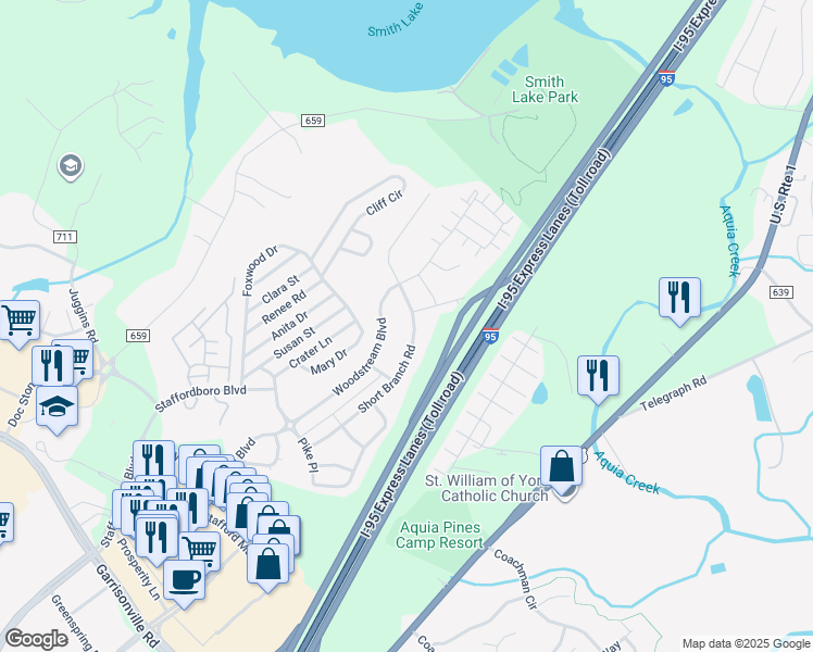 map of restaurants, bars, coffee shops, grocery stores, and more near 139 Short Branch Road in Stafford