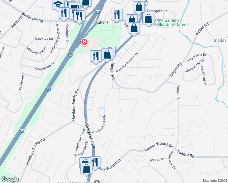 map of restaurants, bars, coffee shops, grocery stores, and more near 5498 Ringer Bend Road in St. Louis