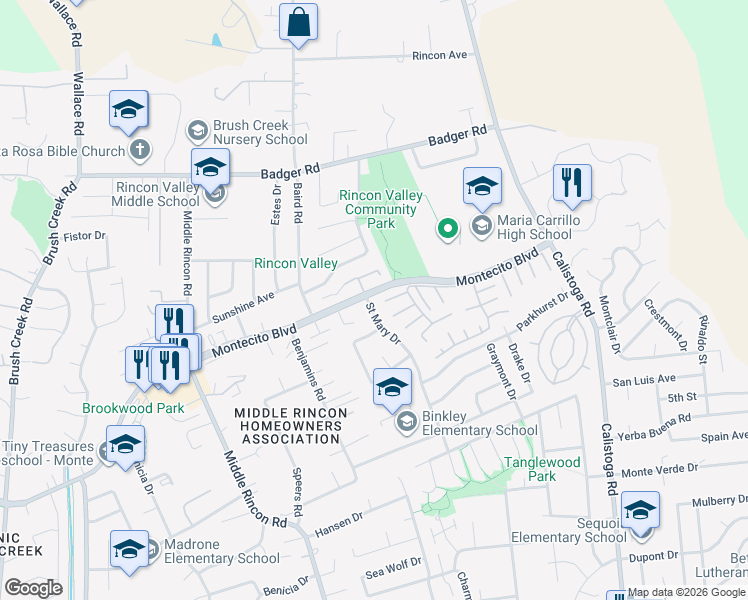 map of restaurants, bars, coffee shops, grocery stores, and more near 117 Brooktrail Court in Santa Rosa