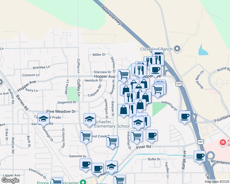 map of restaurants, bars, coffee shops, grocery stores, and more near 3628 Banyan Place in Santa Rosa