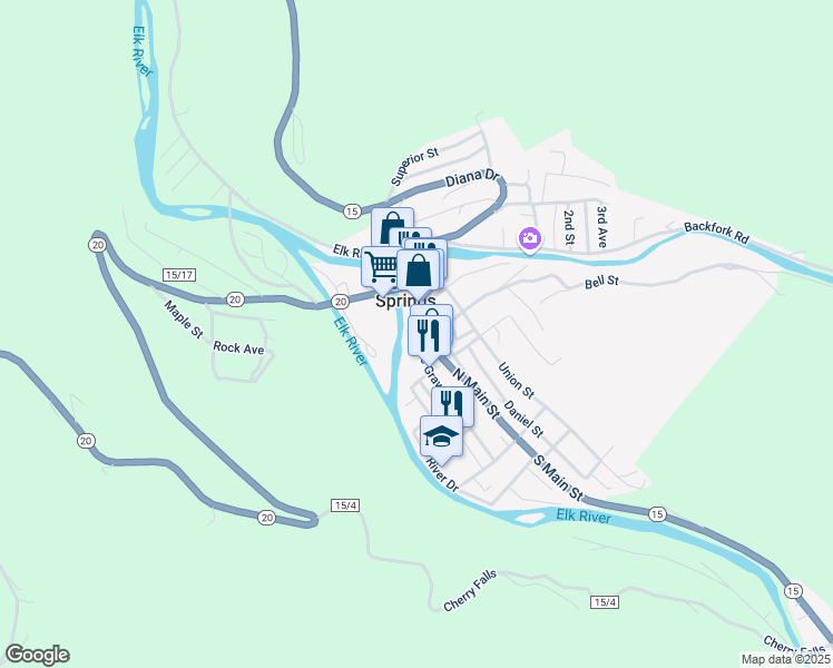 map of restaurants, bars, coffee shops, grocery stores, and more near 68 North Main Street in Webster Springs