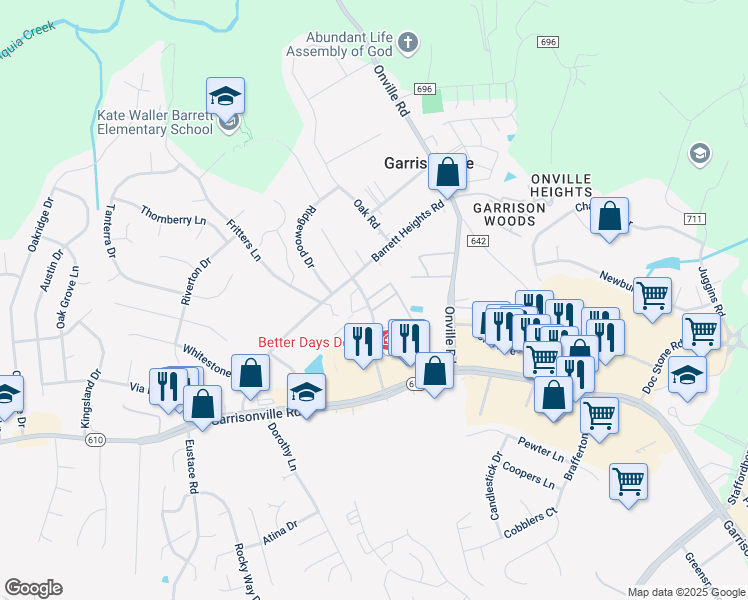 map of restaurants, bars, coffee shops, grocery stores, and more near 102 Buckingham Lane in Stafford