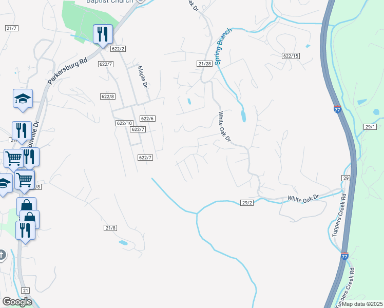 map of restaurants, bars, coffee shops, grocery stores, and more near 101 Greenbrier Drive in Sissonville