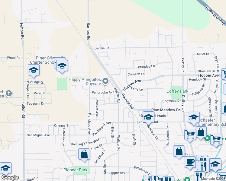 map of restaurants, bars, coffee shops, grocery stores, and more near 2403 Penbrooke Avenue in Santa Rosa