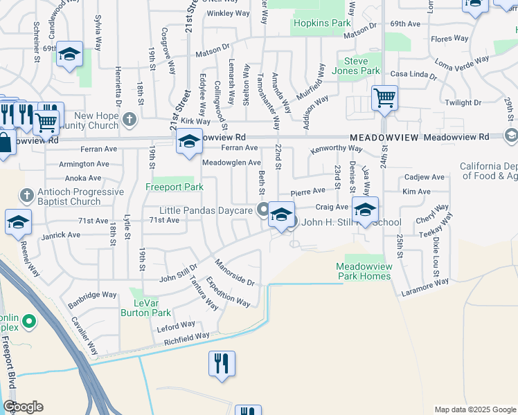 map of restaurants, bars, coffee shops, grocery stores, and more near 7690 Beth Street in Sacramento