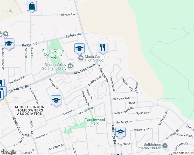 map of restaurants, bars, coffee shops, grocery stores, and more near 5145 Parkhurst Drive in Santa Rosa
