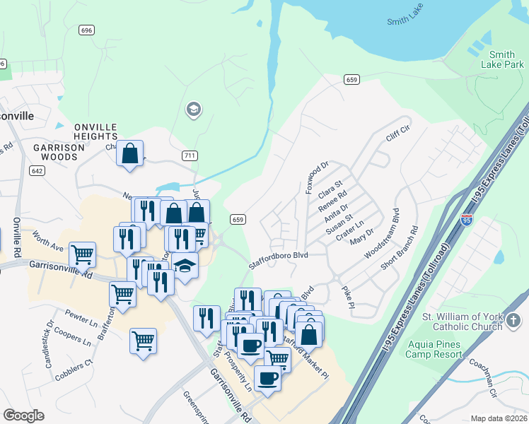 map of restaurants, bars, coffee shops, grocery stores, and more near 405 Westminster Lane in Stafford
