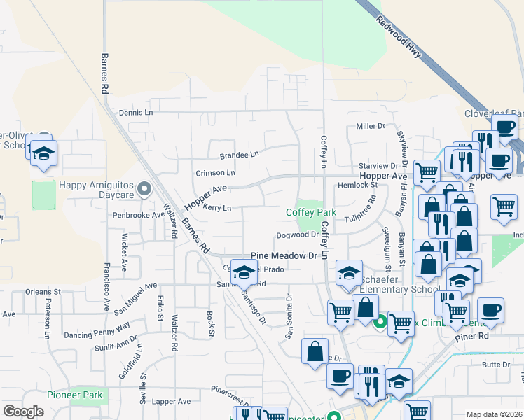 map of restaurants, bars, coffee shops, grocery stores, and more near 1638 Kerry Lane in Santa Rosa