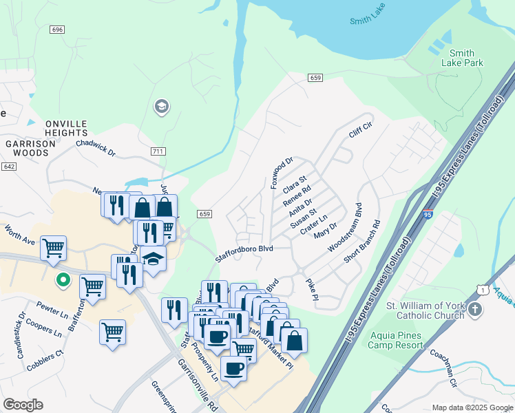 map of restaurants, bars, coffee shops, grocery stores, and more near 302 Wimbeldon Court in Stafford