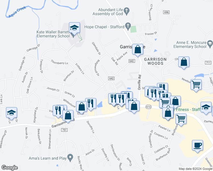 map of restaurants, bars, coffee shops, grocery stores, and more near 3 Tall Oaks Court in Stafford