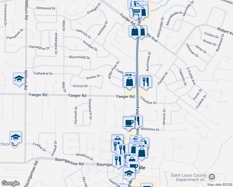 map of restaurants, bars, coffee shops, grocery stores, and more near 2559 Yaeger Road in St. Louis