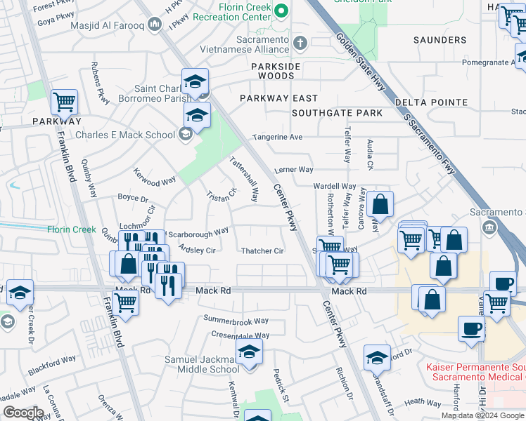 map of restaurants, bars, coffee shops, grocery stores, and more near 5224 Fitzwilliam Way in Sacramento
