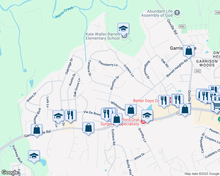 map of restaurants, bars, coffee shops, grocery stores, and more near 78 Tanterra Drive in Stafford