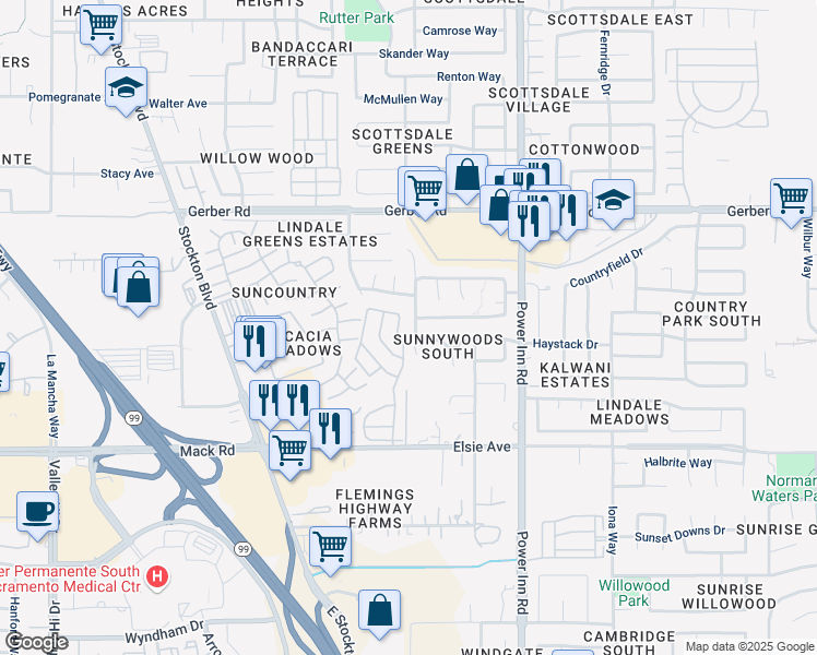 map of restaurants, bars, coffee shops, grocery stores, and more near 7706 Harvest Woods Drive in Sacramento