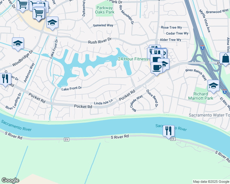 map of restaurants, bars, coffee shops, grocery stores, and more near 982 South Beach Drive in Sacramento