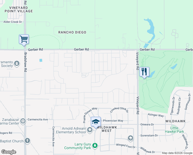 map of restaurants, bars, coffee shops, grocery stores, and more near 9940 Gerber Road in Sacramento